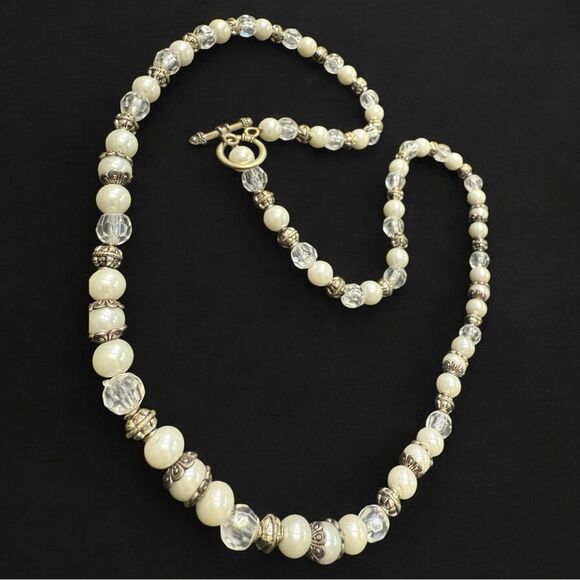 Cream Beaded Necklace with Crystal Accents - Picture 1 of 15